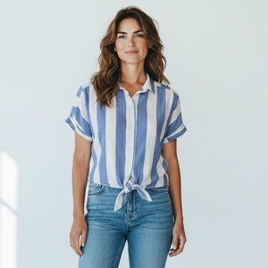 SANDY & SID Blue & White Striped Front Tie Crop Top Small